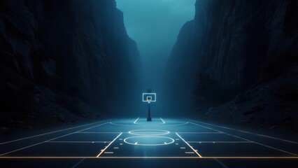 Empty basketball court in a dark canyon