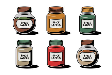 Herb and spice jar icons, round square and hex bottles vector illustration, kitchen storage design, flavor seasoning clipart, pantry elements