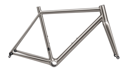 Titanium road bike frame with polished finish and internal cable routing