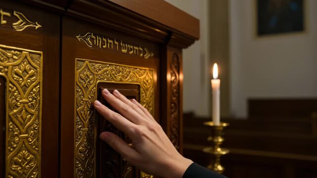 Human Hand with Solemn Mood Closes Torah Ark Doors Amid Warm Glow in Quiet Synagogue
