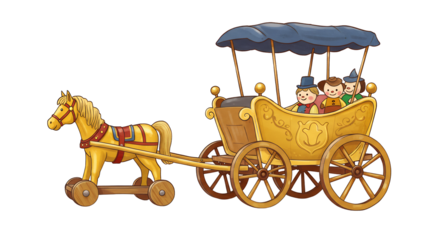 木製の馬車と人形たち　楽しいお出かけ