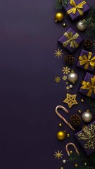 Luxurious festive Christmas card with flat lay side composition including New Year decorations on a lilac background.	