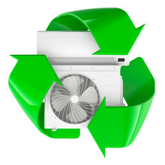 Air conditioner outdoor unit with recycling symbol. 3D rendering