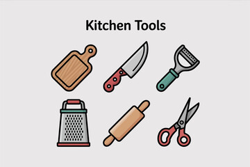 Kitchen tools layout, chopping board chef knife grater peeler rolling pin shears, cookware vector, culinary bundle