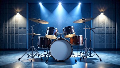 An acoustic drum set stands on an empty stage, illuminated by dramatic blue spotlights.