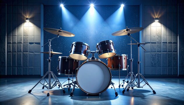 An acoustic drum set stands on an empty stage, illuminated by dramatic blue spotlights.