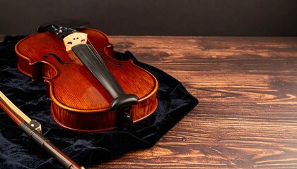 Obraz premium A polished wooden violin rests on a dark velvet cloth next to its bow on a rustic wooden surface.
