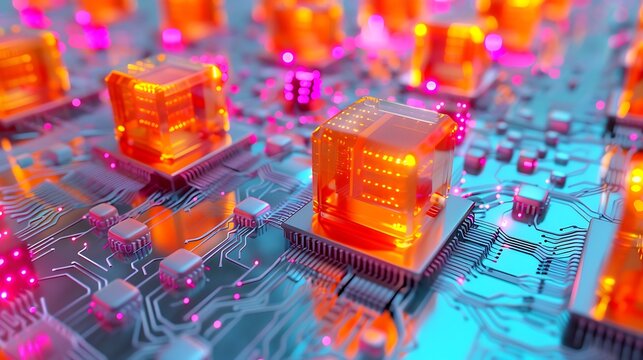 Magenta holographic streams passing over glowing orange processors set on a silver-blue circuit floor .