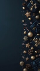 Luxurious festive Christmas card with flat lay side composition including New Year decorations on a gray background.	