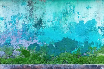 Textured wall with layers of turquoise and teal paint,  moss, and peeling paint