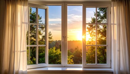 Golden Sunset View Through Open Window with Curtains and Trees
