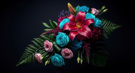 Obraz premium Dramatic Floral Arrangement with Vibrant Colors on Dark Background Perfect for Greetings or Special Occasions