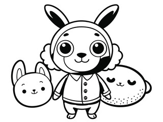 Obraz premium Cute bunny character in pajamas with toy coloring page. Black and white cartoon illustration, perfect for children’s activities, bedtime stories, kids’ crafts, and fun, creative coloring projects.