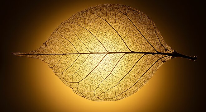 Golden Filigree: A Translucent Skeleton Leaf Glowing Against a Warm, Radiant Light.