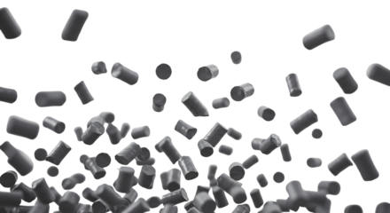 暗い背景に灰色円柱が舞い降りる様子