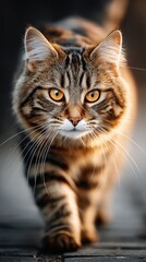 Majestic Brown Tabby Cat Walking Forward with Intense Golden Eyes