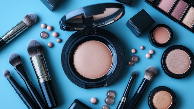 colorful makeup products including blush, eyeshadow palettes, lipsticks, and brushes arranged on a vibrant blue background for beauty branding and cosmetic design concepts