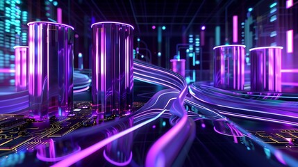 Neon purple and sky-blue chipset towers with curved translucent streams, set on a dark glassy grid .