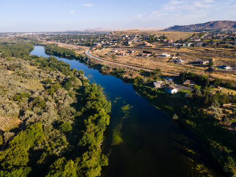 Aerial landscape of Yakima River Valley nature during summer in Kennewick Richland Washington