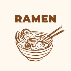 Stylish vector ramen illustration in hand-drawn pencil sketch style. Asian Japanese food and cuisine elements for banners, posters, branding, t-shirt prints, advertising design