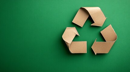 Eco-friendly recycling symbol made from cardboard on vibrant green background, sustainability concept