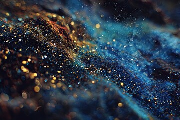 Abstract texture of shimmering golden and blue particles