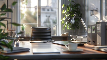 Modern office workspace with sunlight streaming through the window creating a bright, elegant atmosphere