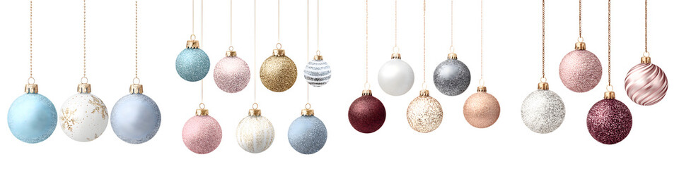 Pastel Christmas Ornaments Hanging on White Background