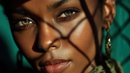 Captivating portrait of a beautiful African American woman with striking eyes and alluring shadow patterns.