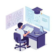 Smart Student in Study: A young individual is engrossed in his studies at his desk, surrounded by virtual displays and an academic atmosphere.