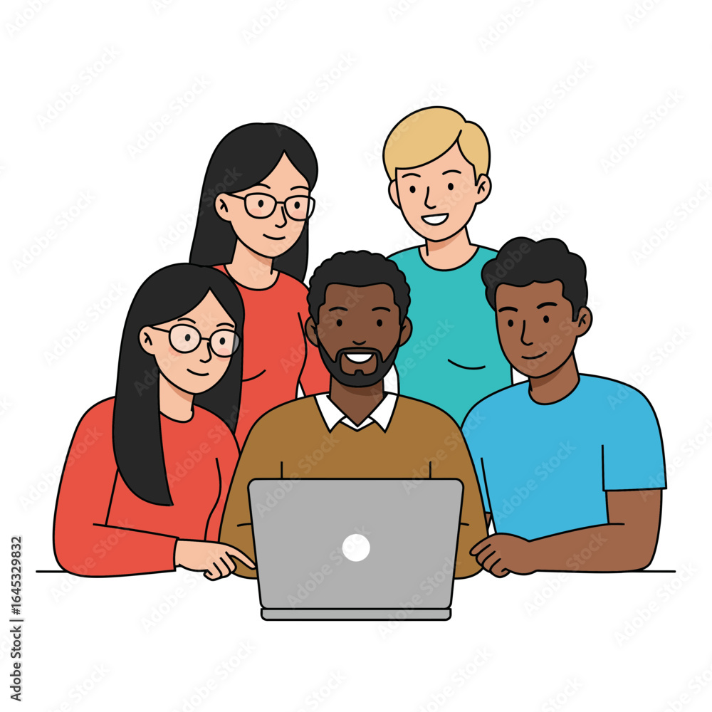 Poster digital harmony: a diverse group gathers around a laptop, engrossed in a shared task. their focused 