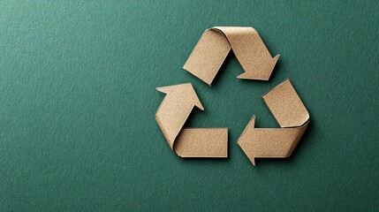 Recycling symbol made of cardboard on a green textured background, eco-friendly concept