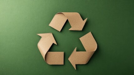 Recycling symbol made of cardboard against a green background, promoting sustainability and eco-friendliness