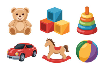 Playtime toy icons, teddy bear, blocks set, ring stacker, red car, rocking horse, rainbow ball, vector collection, child friendly design