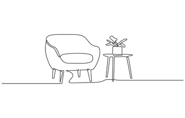 Continuous one line drawing of Armchair and table with home plan vector illustration. Editable outline