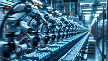 Obraz premium Industrial assembly line with robotic arms, bathed in cool blue light and dynamic motion blur.