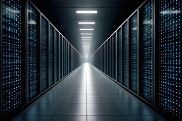 Server room corridor with data processing equipment blinking