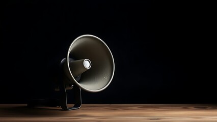 Vintage megaphone on wooden surface with dramatic lighting, evoking nostalgic and minimalist aesthetics.