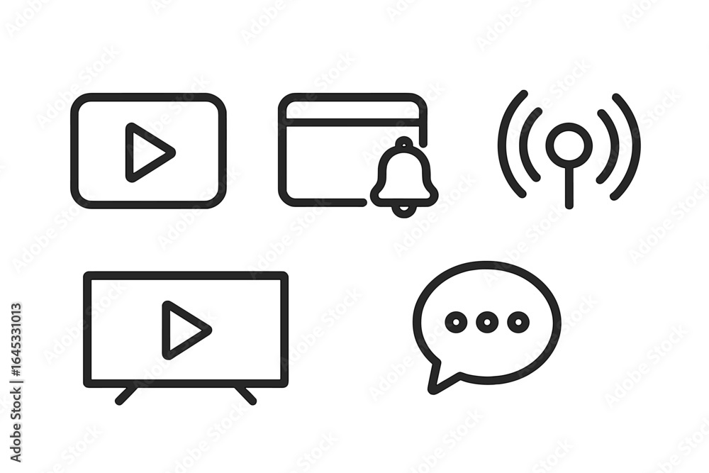 Aufkleber icons representing digital media functions and notifications for online platforms