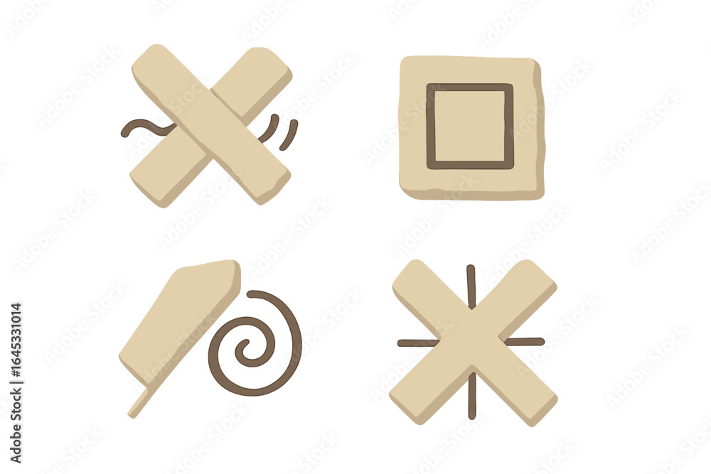 Poster symbols displayed in a minimalistic art style showcasing various geometric shapes and lines