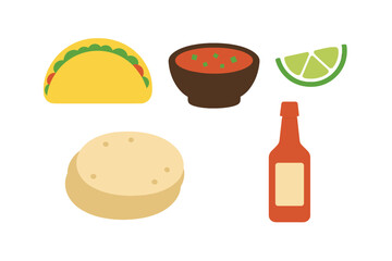 Delicious taco meal with salsa, lime, and hot sauce on a white background