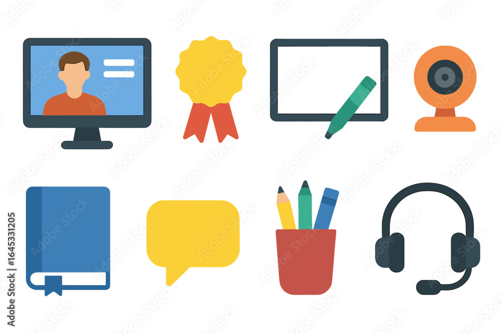 Poster digital learning tools for online education featuring various essential components in a modern class