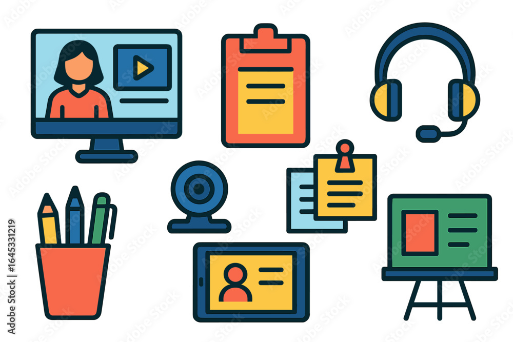 Poster engaging elements of online education, showcasing tools for virtual learning and instruction in a mo