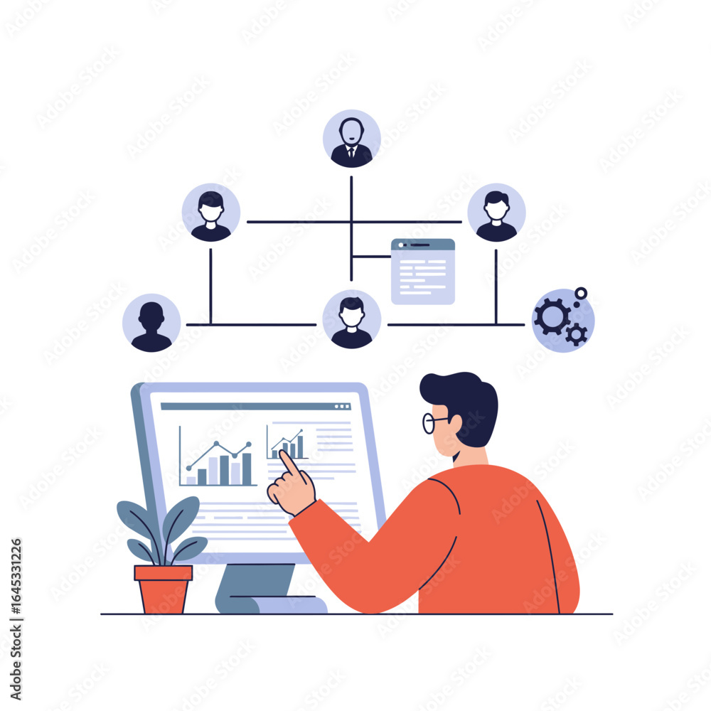 Poster data analysis and collaboration: illustration of a person meticulously analyzing charts and diagrams