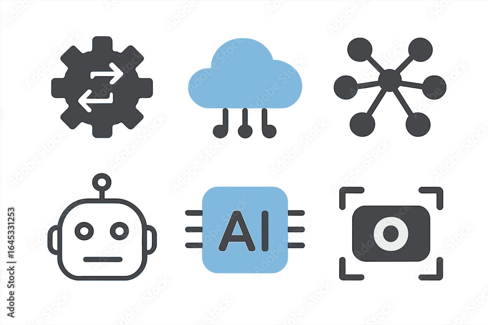 Poster icons representing technology concepts including robotics, cloud computing, and artificial intellige