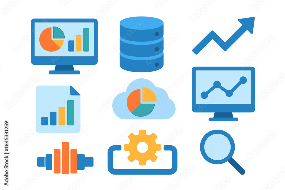Poster data analysis icons representing various tools and metrics for effective decision-making in business