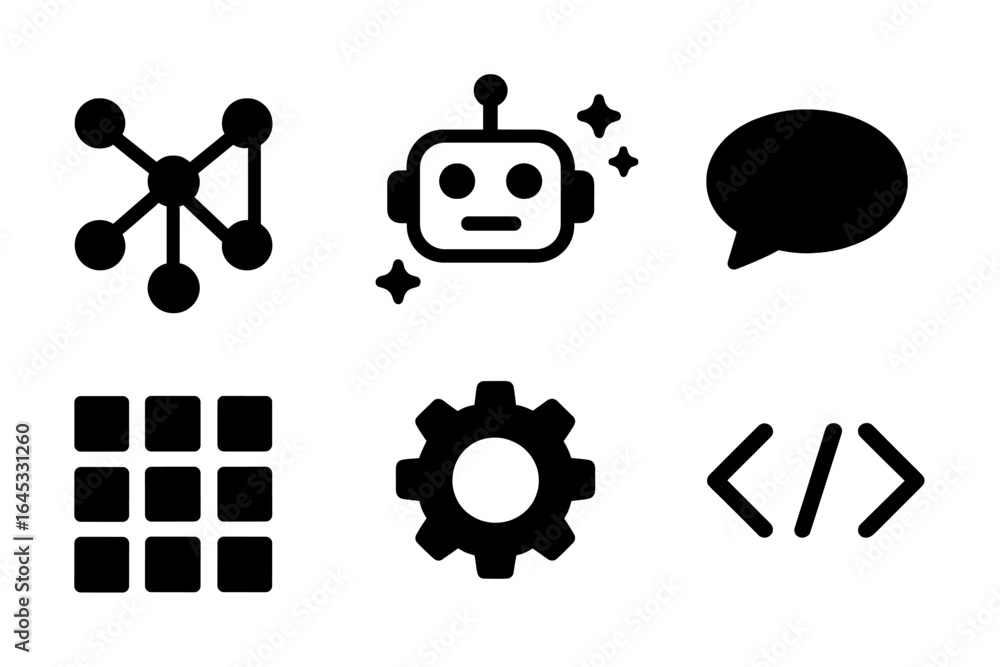 Poster collection of black icons representing technology, communication, and design elements in a flat styl