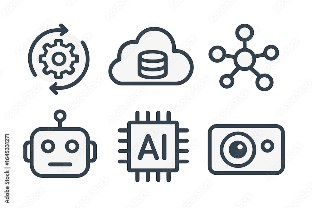 Poster various technology icons representing artificial intelligence, data processing, and automation conce