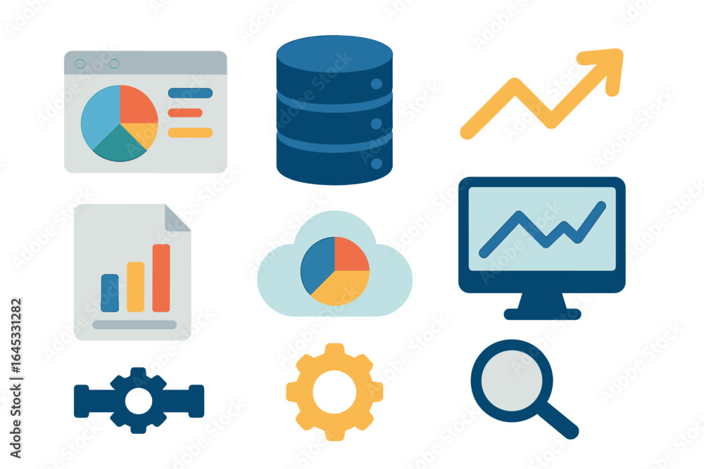 Poster data analysis tools and icons for analytics and business intelligence applications