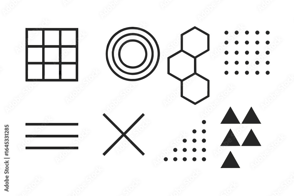 Poster geometric shapes and patterns displayed in black and white on a clean background to emphasize design